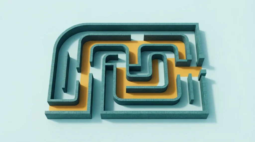 Kleines geometrisches Labyrinth aus Papier mit einem durchgehenden Weg