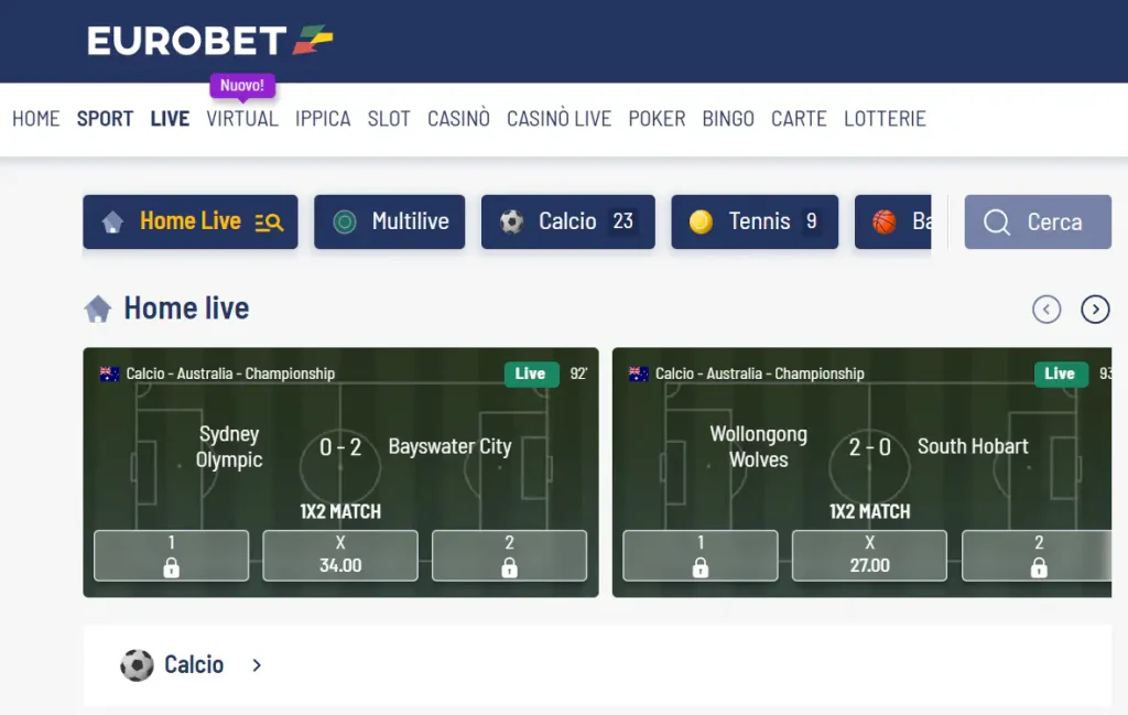 Live-Wettbereich von Eurobet mit laufenden Sportereignissen und Quoten