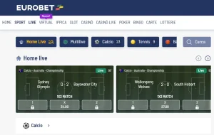 Live-Wettbereich von Eurobet mit laufenden Sportereignissen und Quoten