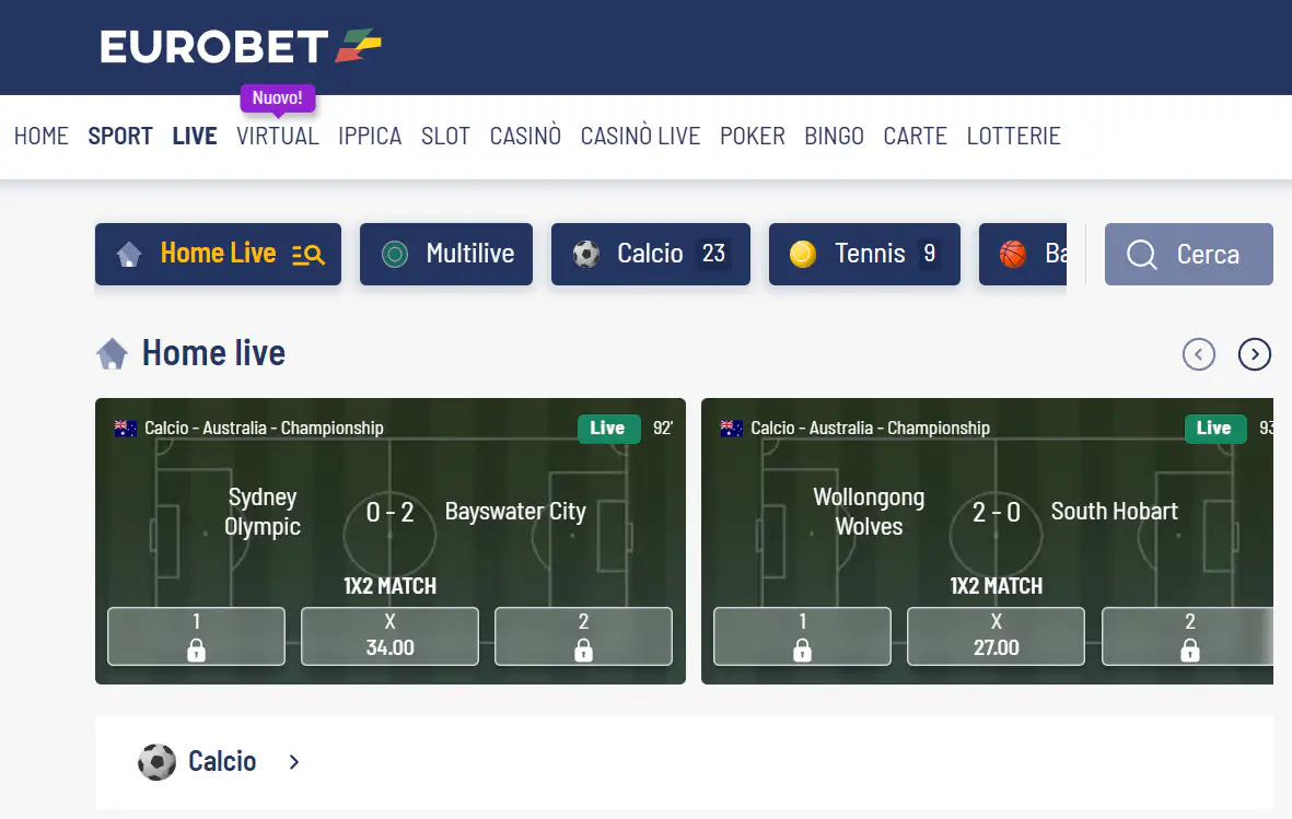 Live-Wettbereich von Eurobet mit laufenden Sportereignissen und Quoten
