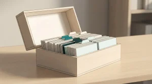 Holzkarteikasten mit sortierten beschrifteten Karten auf einem Schreibtisch