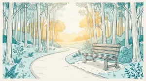 Leere Bank an einem Waldweg mit Bäumen und ruhigem Morgenlicht
